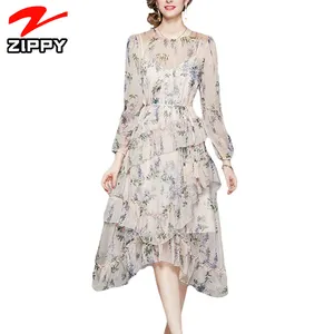 Muhteşem çiçek dantel Up basamaklı Ruffles düzensiz gevşek elbise güzel yeni gelenler yaz kadın mütevazı ipek elbise
