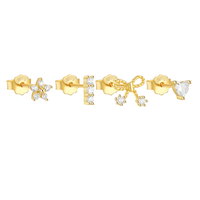 Hochwertige Vergoldete 925 Sterling Silber Prinzessinnen-Schliff Zirkon Schleife & Blume & Herz Ohrstecker für Damen Trendig