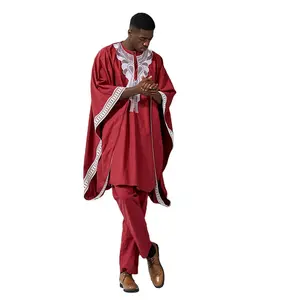 批发非洲服装非洲男士大石基印花红色3件套服装