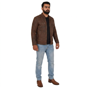 Veste en cuir véritable pour homme, doublure en viscose matelassée, fermeture éclair en cuir, respirante, marron vintage, vente en gros, logo personnalisé, ODM - Product Image 1