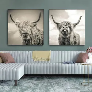 Schwarz und weiß Hochland Kuh Rinder nordische Poster Drucke skandinavische Wandkunst Bilder Wohnzimmer Heimdekoration Leinwandgemälde