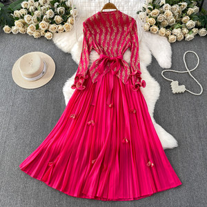 Fashion Women <strong>Clothes</strong> Elegant <strong>Gold</strong> Foil Pleated Dress Ruffle Sleeves Belted Waist Women's Dress Casual Fashion Pleated Dress - Product Image 6