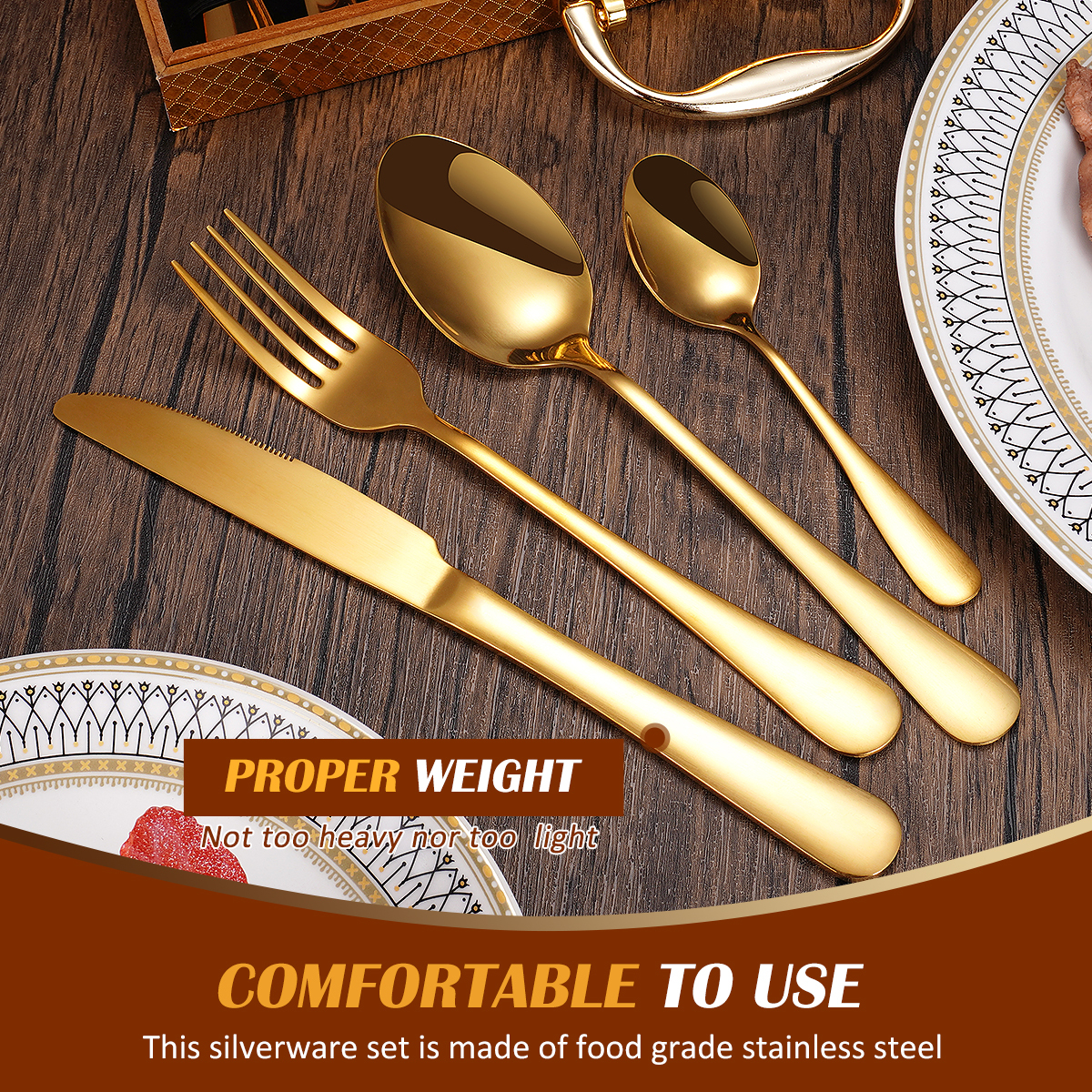QZQ Modern Wedding Restaurant Stainless Steel Mirror Polish 24Pcs Golden Spoon and Fork Flatware Set for Giveaways · image 4
