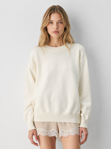 Pull en Coton et Cachemire Personnalisé à Col Rond, Tricot Doux Ivoire pour Femme, Coupe Ample Épaules Tombantes, Ourlet Côtelé, Manches Longues - Product Image 1