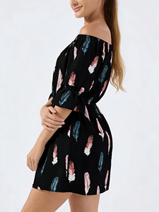 Women's <b>Off</b>-<b>the</b>-<b>Shoulder</b> Feather Print Casual Knee-Length A-Line Dress Flare Sleeves Natural Waist Summer Daily Wear - Product Image 3