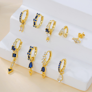 ZUOLA Ensemble de 9 boucles d'oreilles modernes en saphir et zircon, design empilable en or 18 carats, chic et sophistiqué, pour les affaires - Product Image 2