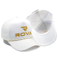 Topi Golf Custom dengan Tali, Bordir Emas Laser Cut Berlubang, Dapat Disesuaikan, Unisex, Putih Hitam, 5 Panel, Model Baseball dengan Tali