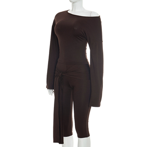 Viviblook Y26ST279 Ensemble décontracté pour femme, haut à épaules dénudées et manches évasées, pantalon court à lacets, ensemble deux pièces - Product Image 3
