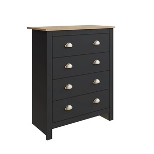 Fournisseur de la Chine, ensemble de chambre à coucher 4 pièces style <span class=keywords><strong>cottage</strong></span> campagnard noir, meubles avec grand espace de rangement, dessus à effet chêne contrasté