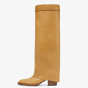 Women Top Sewing Line Knee High Boots Overlay on Long Booties Ladies Western Style Chunky Heels Pants <b>Shoes</b> - Product Image 4