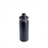 Bouteille d'eau sport isotherme noire robuste 32oz en acier inoxydable de qualité alimentaire avec couvercle à poignée rotative pour le camping et les boissons chaudes