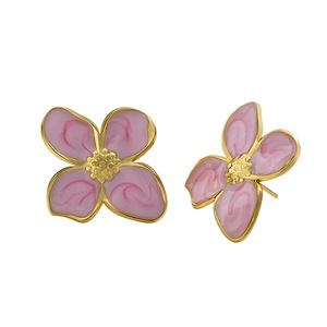 Pendientes de botón de flor de acero inoxidable dorado de 22 mm al por mayor, con cuatro pétalos, esmalte marmoleado, efecto goteo de aceite, <span class=keywords><strong>rosa</strong></span> y azul, joyería floral para mujer - Product Image 5