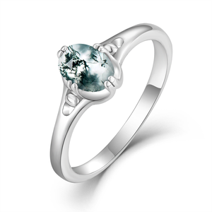 Perhiasan Perak Sterling 925 Batu Permata Alami Cincin Batu Moss Agate Setting Geometris Potongan Oval untuk Pemakaian Sehari-hari Cincin Ibu - Product Image 1