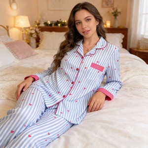Soft Cotton Long Sleeve Turn-down Collar Elastic Waist Breathable Winter Striped Women's Pajamas Sets Customized Set