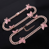Collar de Cadena Cubana de Aleación de Zinc con Mariposa en Oro Rosa y Alas de Cristal Rosa, Estilo Iced Out, para Hombres y Mujeres, Joyería Hip Hop de Moda