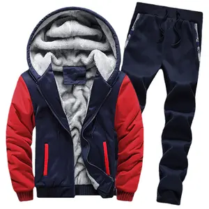 Men's plus fleece hoodie set plus-size solid color sportswear Youth thick warm hooded red and blue coat 5XL
