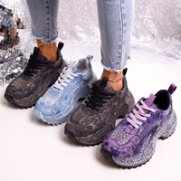 Baskets basses respirantes pour femmes, style Dad Skate, avec strass, imprimé graffiti coloré, à lacets, plateforme, pour le printemps et l'automne, chaussures de marche décontractées