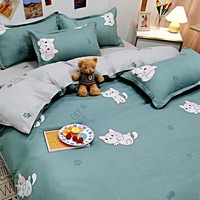 Ensemble de Literie Trois Pièces en Coton Brossé Lavé du Fabricant pour Lit Simple de Dortoir avec Drap Plat, Taie d'Oreiller et Housse de Lit