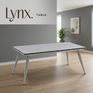 Table à manger rectangulaire moderne d'extérieur en MDF avec plateau aspect marbre et pieds en métal pour jardin, patio, villa, mobilier d'extérieur - Product Image 3