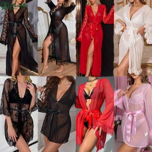 Nueva llegada SHUFUYUAN venta al por mayor transparente Lencería Sexy bata erótica para mujeres maduras encaje malla bata larga Sexy bata Sexy pijama - Product Image 2