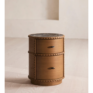 Comodino Vintage in Legno di Quercia Rotondo Stile Mid-Century con Piano in Marmo e 2 Cassetti, Resistente per la Camera da Letto - Product Image 4