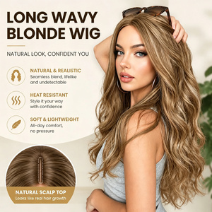 <b>Long</b> Wavy Blonde Human Hair <b>Wig</b> Natural Scalp Top Heat Resistant Soft Lightweight for Daily Wear - Product Image 1