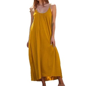 Women Lady Apparel Spring <strong>Summer</strong> Vacation Leisure Casual <strong>Strappy</strong> U-Neck Pleated Yellow Red Blue Green Color Loose Long <strong>Dress</strong> - Product Image 5