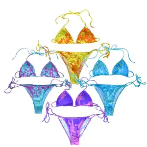 2023 Novo Modesto Personalizado Maiô Mulheres Rosa Swimwear Sexy Tie Dye Thong Biquíni Micro Mudança de Cor Biquíni Swimwear Floral Biquíni