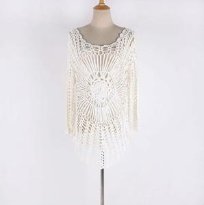Hot <b>Beach</b> Smock Knitted Print Breathable UV50 Protection Drawstring Closure One-Shoulder V-Neck Bikini <b>Coat</b> Short Style Swimsuit - Product Image 5