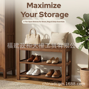 Solid Wood Shoe Bench 3 Tier Open <b>Storage</b> Shelf For Shoes Bags Entryway <b>Stool</b> Modern Minimalist Design Home Use - Product Image 1