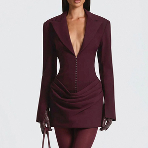 Abito Corto Sexy con Scollo a V e Volant, Blazer con Striscia sul Retro, Vestito da Festa Formale, Giacca da Ufficio per Donna - Product Image 4