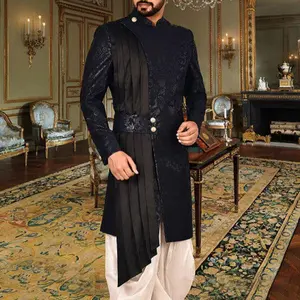 India ethnic style Muslim fashion printed cotton casual mid length coat daffah abaya thobes ramadan men robe Islamic clothing