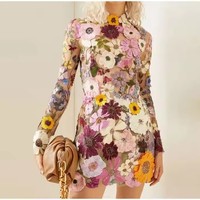 2025 printemps soirée dame Vestido demi col haut à manches longues robes broderie florale élégant luxe femmes Mini robe