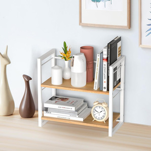 2-laags minimalistische desktop-opbergorganizer, plank met metalen frame, houten aanrechtrek, multifunctionele tafelblad-displaystandaard voor thuis - Product Image 4