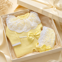 Combinaison bébé en coton personnalisée Kaiyue, tricotée, pour nouveau-né fille, tenue de baptême, bonnet en dentelle, nœud perlé, ensemble élégant et mignon