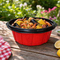 Conteneur rond pour fruits de mer de 1500 ml de qualité supérieure, jetable, rouge et noir, sans BPA, recyclable, micro-ondable, en plastique avec couvercle