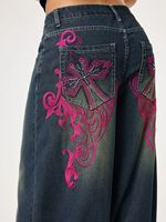 Jeans pour femmes YUANBOFEI, pantalon en denim à jambes larges, broderie tendance, détail en strass, jeans de haute qualité, style streetwear pour femmes