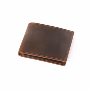 Crazy Horse Dompet Kulit Pria, Retro Tua Sederhana Dompet Pendek Lipat Dua Horisontal RFID