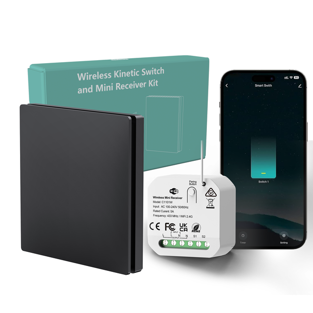 Hot Sale Smart Life IP65 Waterproof Wireless Black Kinetic Switch for Mini Receiver Kit No Battery Self-Powered RF Light Switch