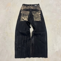 Jean en coton patchwork personnalisé 400g, coupe baggy à jambe large, imprimé camouflage, effet vieilli, délavé, avec patch en cuir, style Hip Hop Streetwear