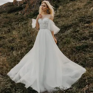Vestido de novia de línea A, cuello redondo, ilusión, sin hombros, botón, largo hasta el suelo, apliques, tul flotante, 2021