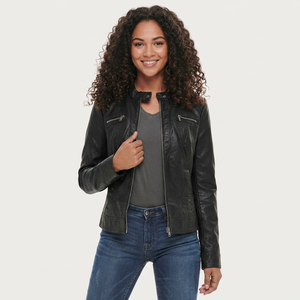 Veste en cuir tissé matelassée en peau de mouton pour femme avec finition cirée, homologuée pour la moto - Product Image 2
