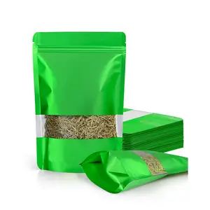 250G Aluminum Foil Ziplock Stand Up Zipper Pouch Plastic Green Resealable Mylar Bags Small With Window For Tea Powder Coffee
