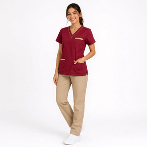 Top-Sell Breathable Medical <b>Scrubs</b> <b>Set</b> Women's Cotton V-Neck <b>Scrub</b> Top With Chest Pocket And Beige Pants Hospital Uniform <b>Set</b> - Product Image 1