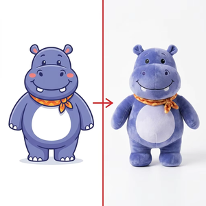 Peluche Hippopotame Personnalisée, Créée à Partir de Votre Croquis de Bête de Rivière, Foulard Triangulaire en Peluche Violette, Prototype Fait Main - Product Image 1