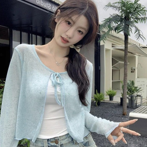 Cardigan fin à col en V et lacets, protection solaire, pour femme, nouvelle collection printemps, style délicat, design polyvalent, pull court - Product Image 2