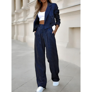 Ensemble de costume rayé pour femme, blazer gris à fines rayures et pantalon large, tailles S M L XL XXL, tenue décontractée pour le bureau - Product Image 3