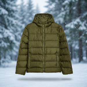Men's Olive Green Canvas Hooded Puffer Jacket with Rabbit Fur Windproof Casual Winter <b>Coat</b> Zipper Closure and Side Pockets - Product Image 4