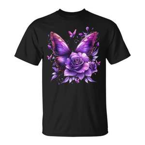 Camiseta floral con estampado de mariposas y rosas moradas para mujer - Product Image 1