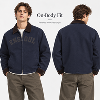 Vestes en sergé de coton vintage pour hommes, col en velours côtelé, broderie personnalisée, style streetwear décontracté, par un fabricant de vêtements
